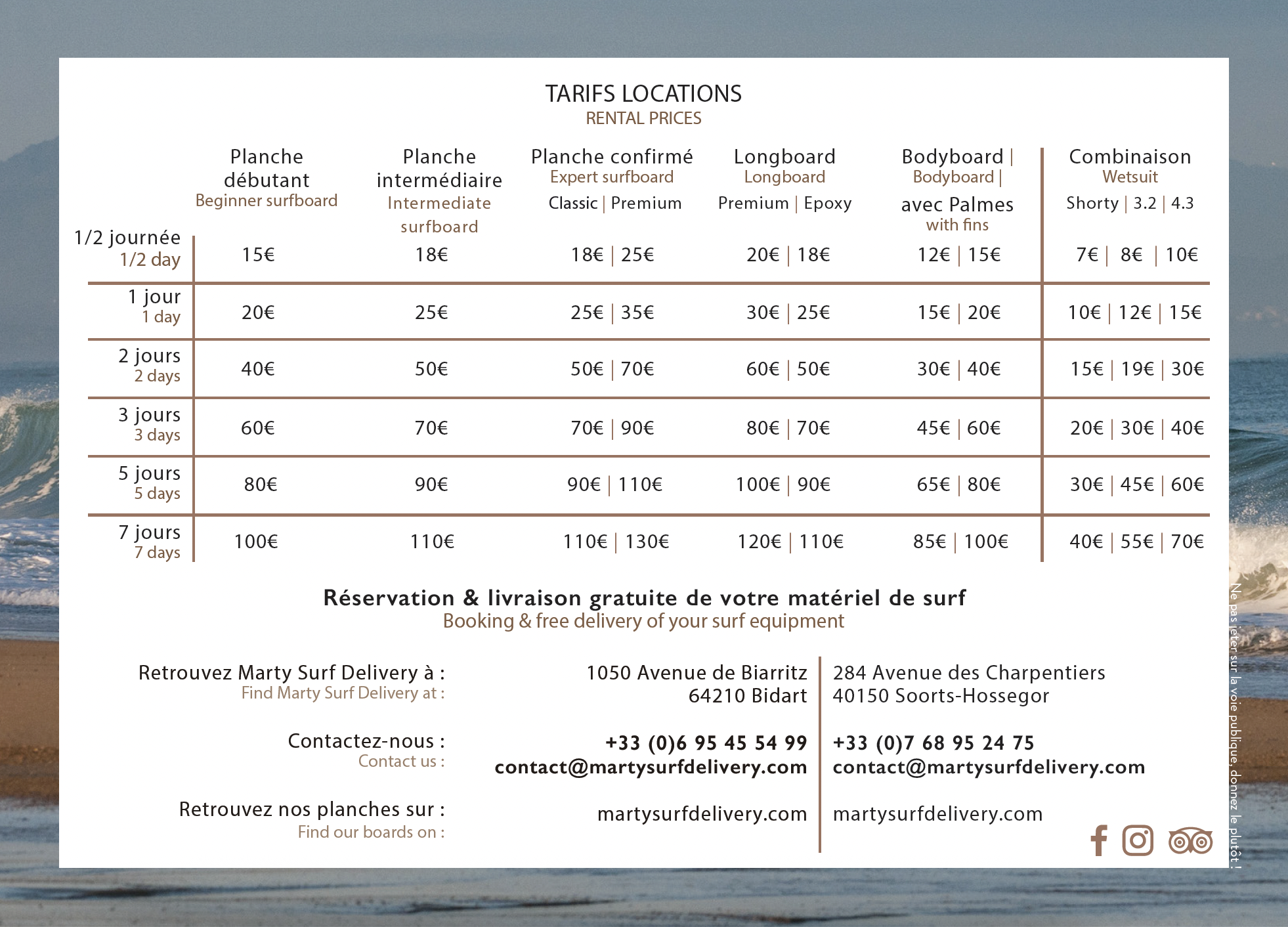 tarifs location planches de surf a Biarritz